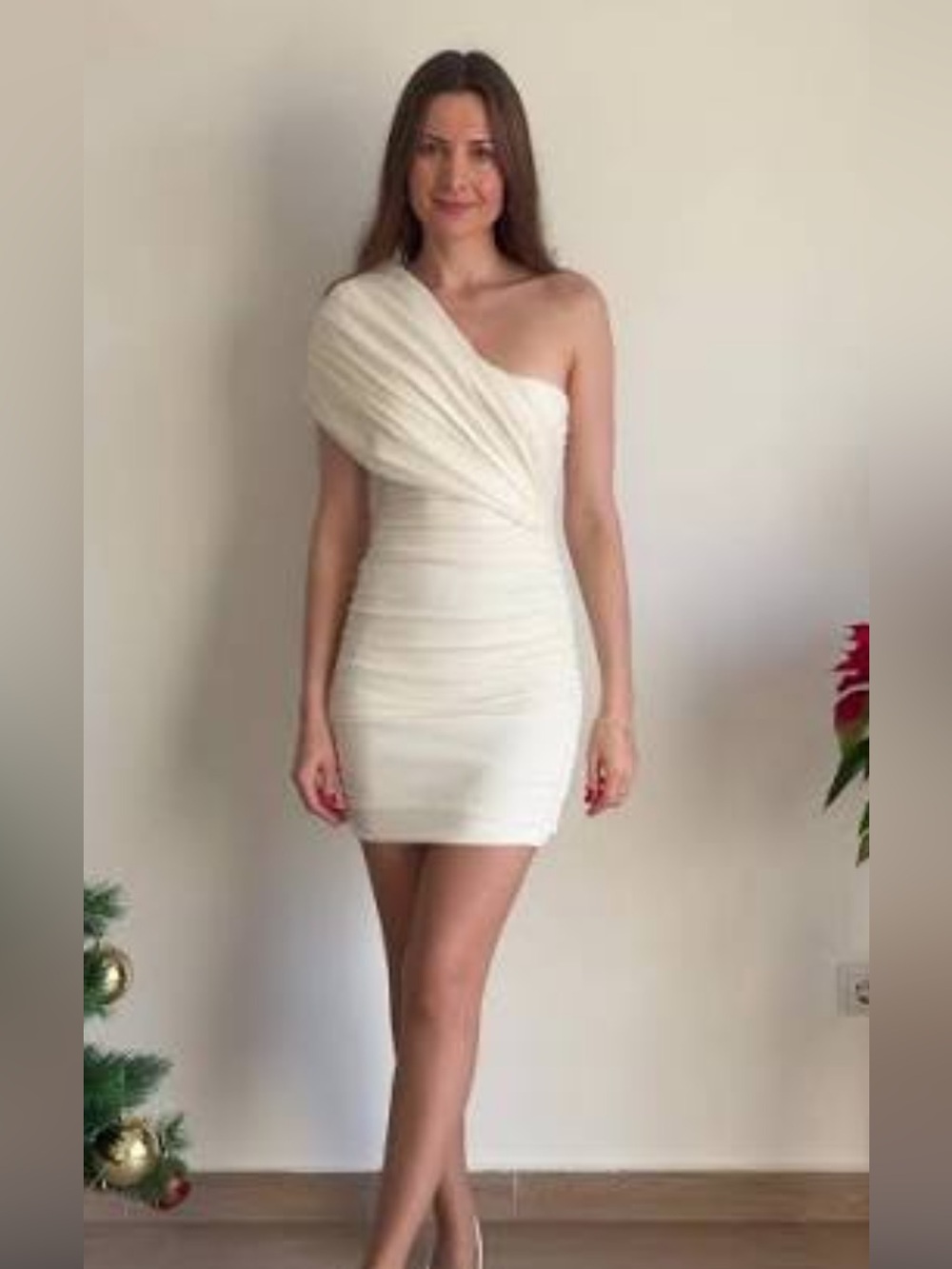 Zara Cream One-Shoulder Ruched Mini Dress